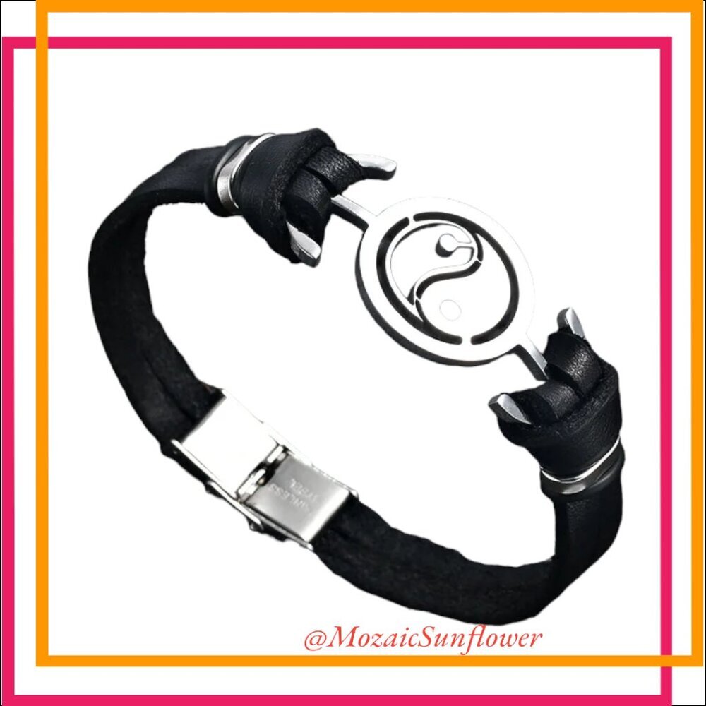 LEATHER AND STAINLESS STEEL YIN YANG ADJUSTABLE BRACELET UNISEX NWT